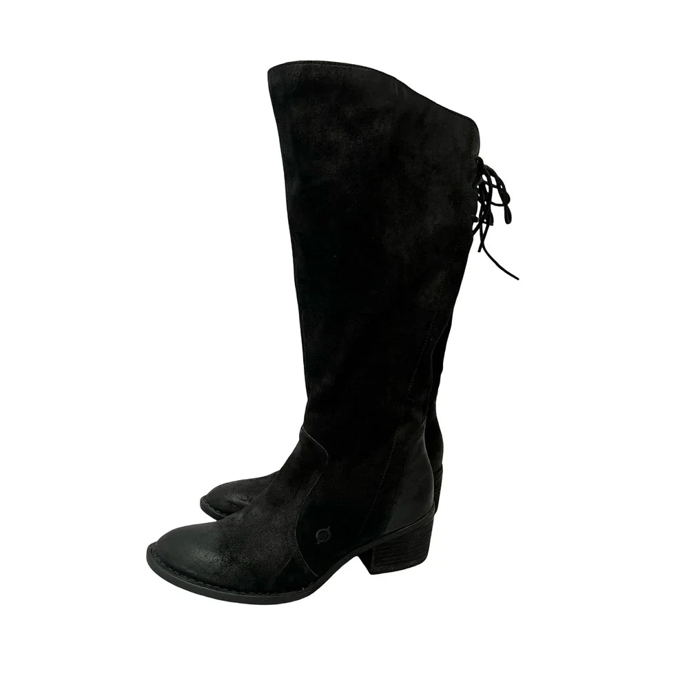 Born F33109 Black Distressed Suede Knee High Lace Up Back Boots Womens 10M WC